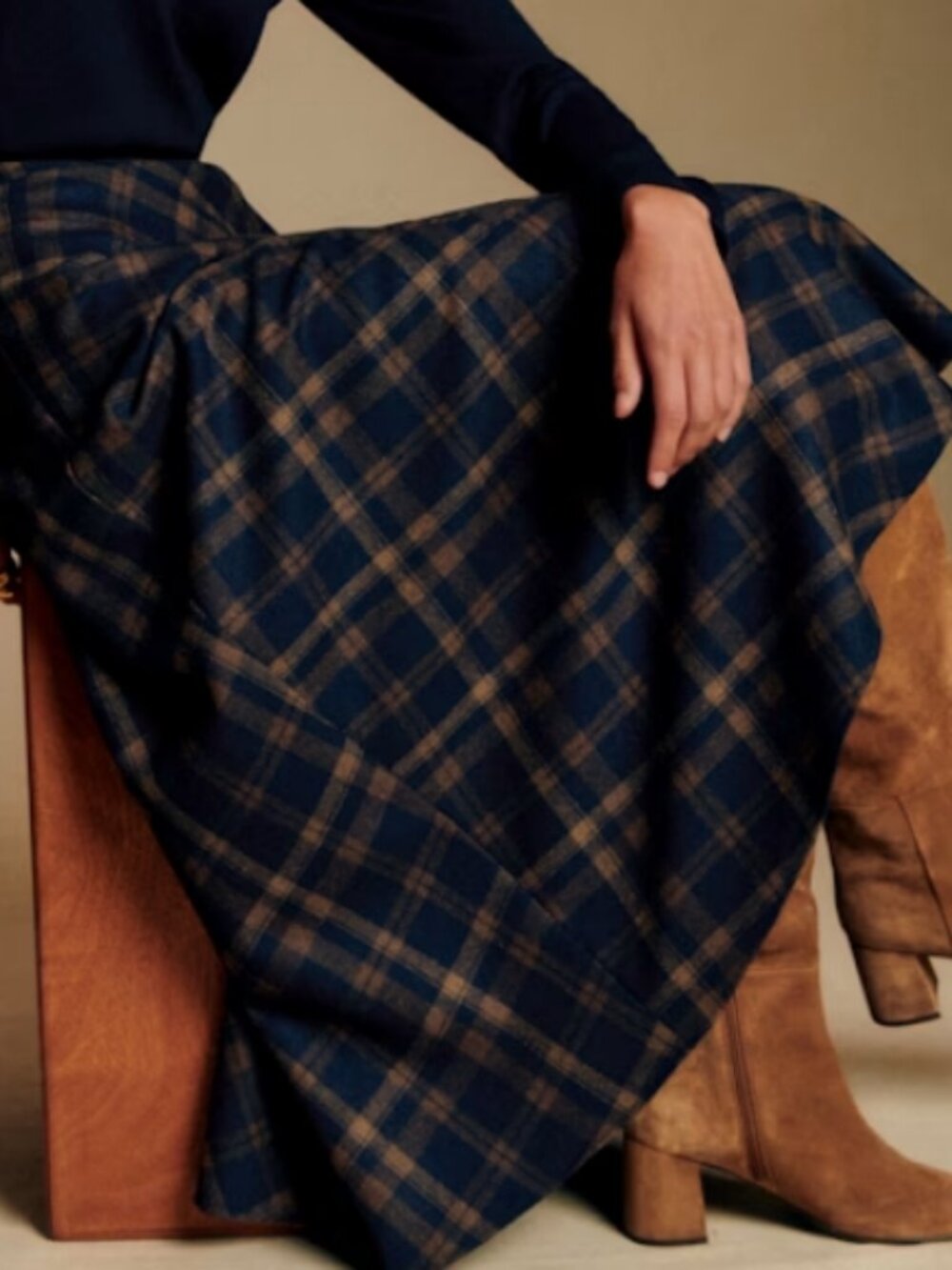 Sezane Orlane Skirt Navy Blue Sepia Beige Check - Size 12